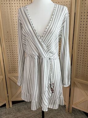 blue island Light Cream and Black Striped Wrap Mini Dress